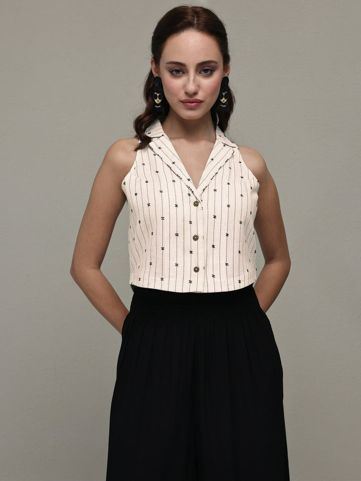 Off White Woven Design Cotton Blend Crop Top