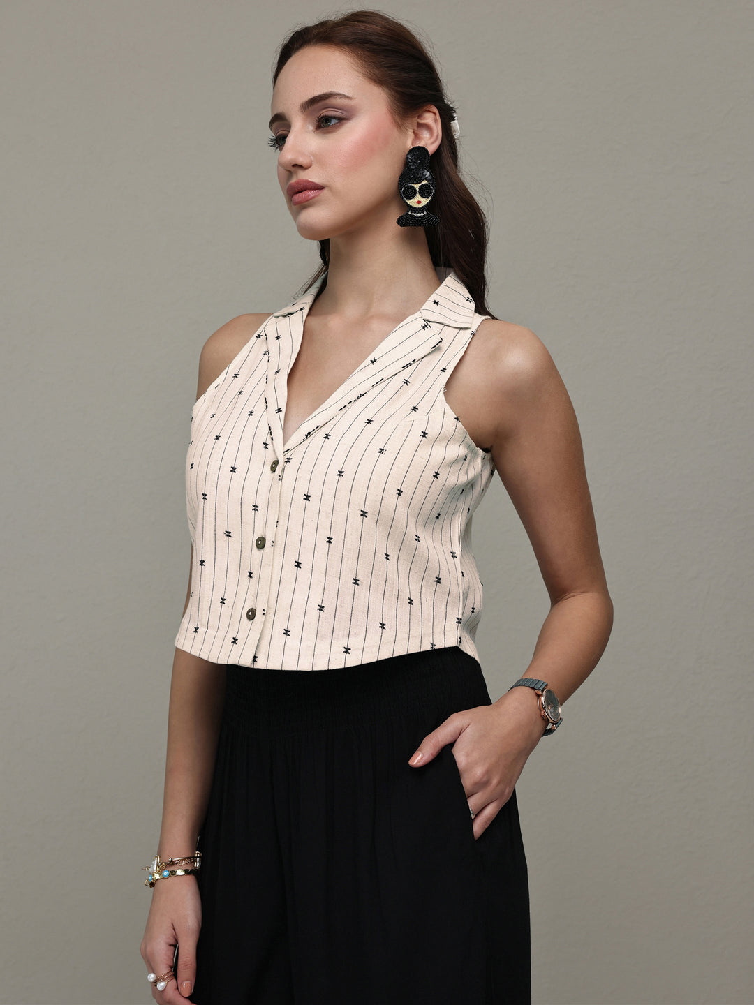 Off White Woven Design Cotton Blend Crop Top