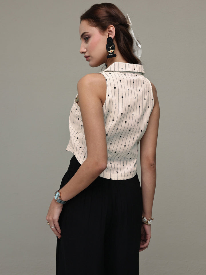 Off White Woven Design Cotton Blend Crop Top