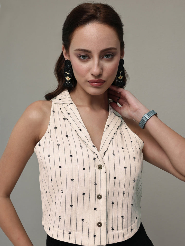 Off White Woven Design Cotton Blend Crop Top