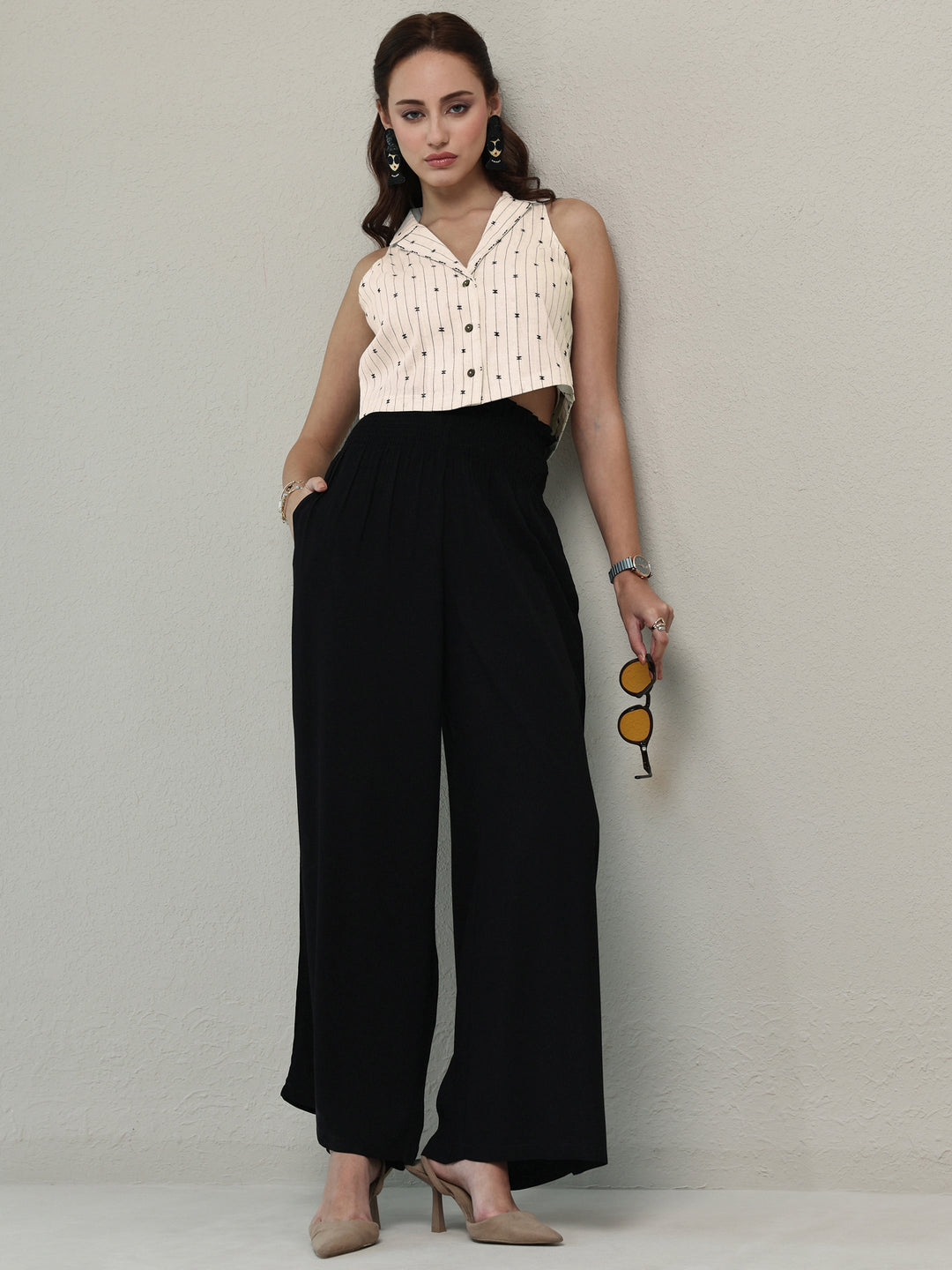 Off White Woven Design Cotton Blend Crop Top