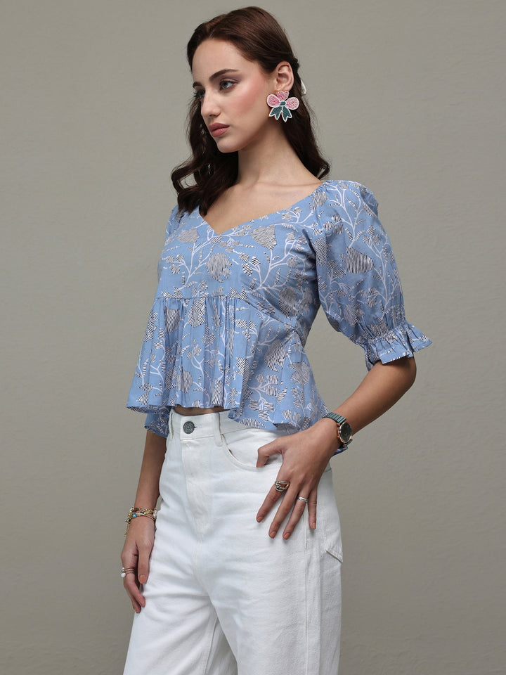 Libas Blue Floral Printed Cotton A-Line Top