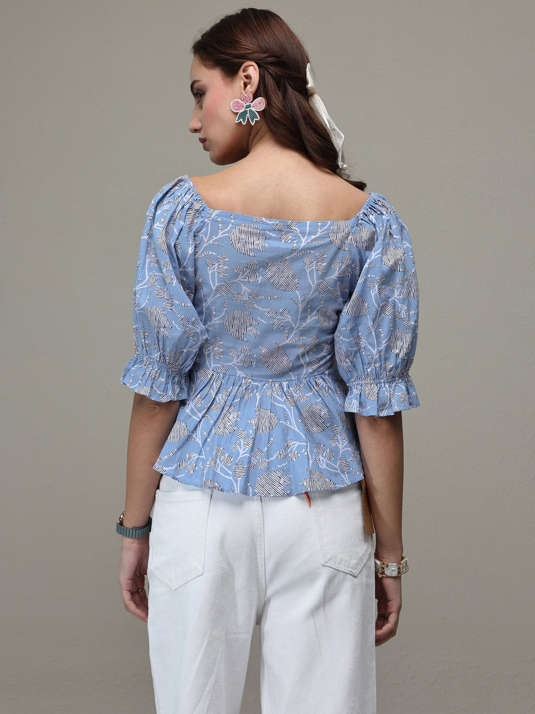 Libas Blue Floral Printed Cotton A-Line Top