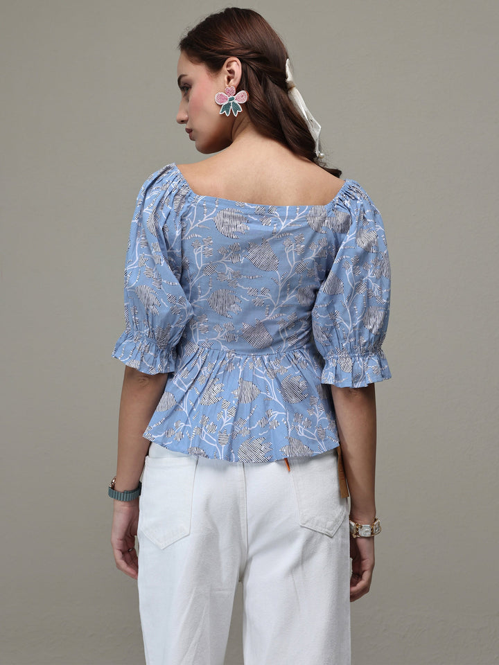 Libas Blue Floral Printed Cotton A-Line Top