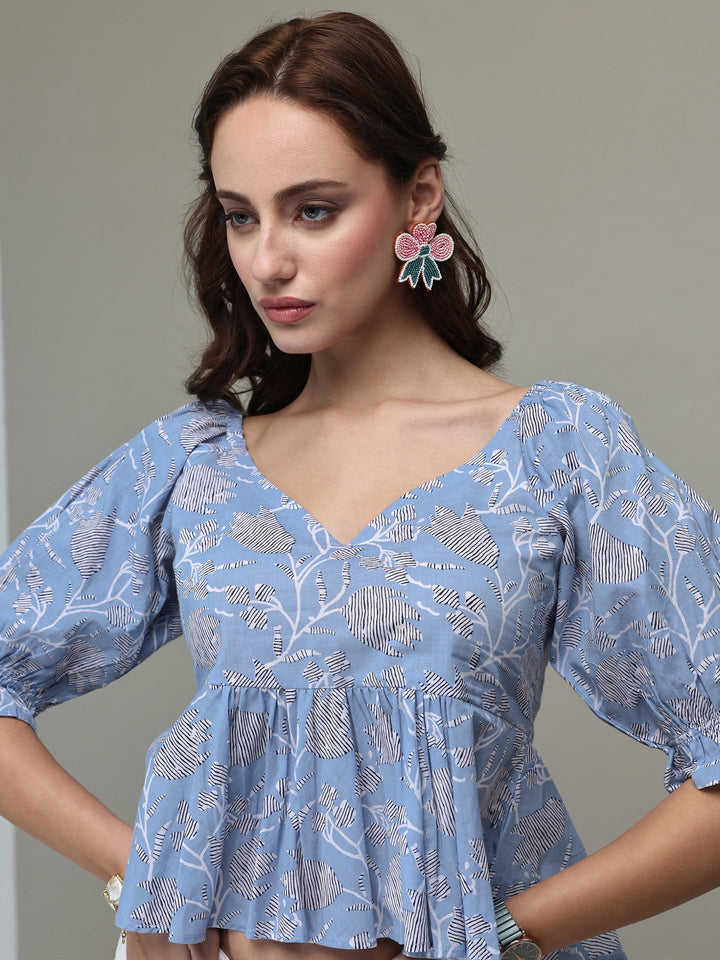 Libas Blue Floral Printed Cotton A-Line Top