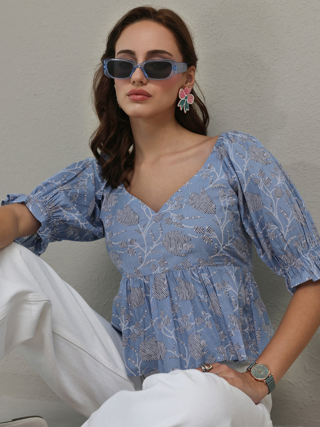 Libas Blue Floral Printed Cotton A-Line Top