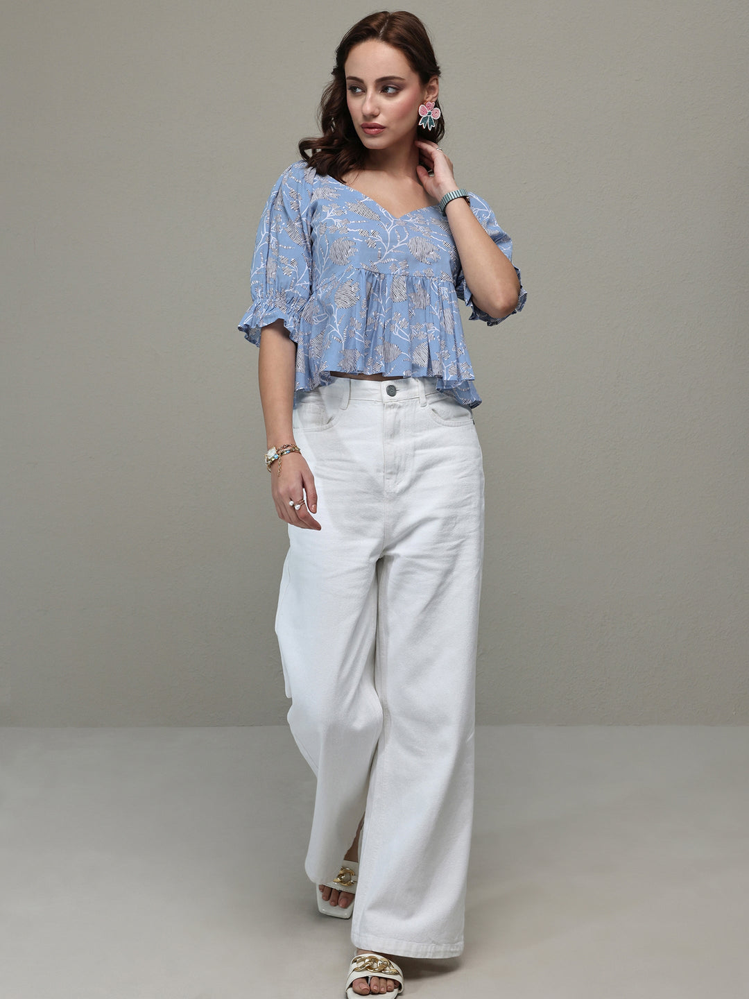 Libas Blue Floral Printed Cotton A-Line Top