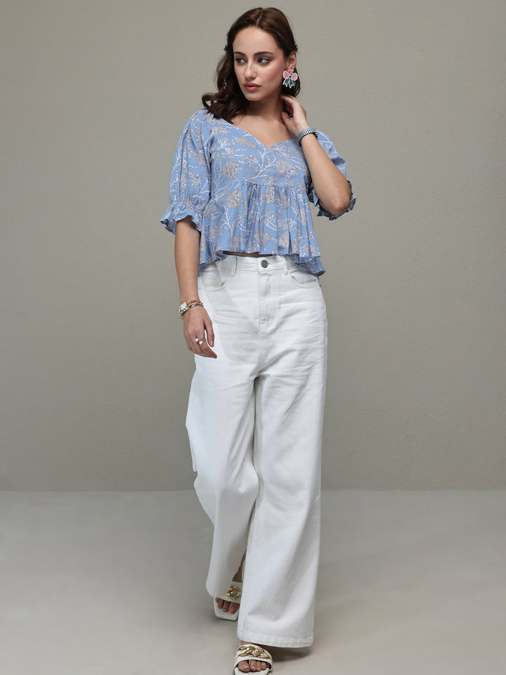 Libas Blue Floral Printed Cotton A-Line Top