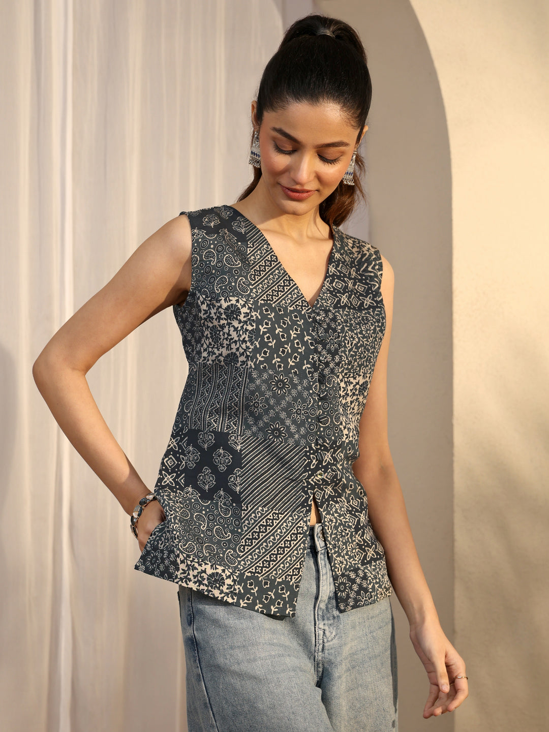 Billie Jean Black Block Printed Silk Blend Straight Top