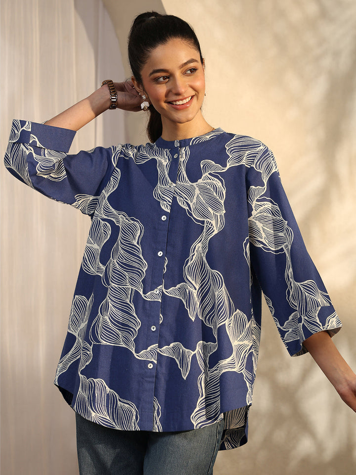 Blue Abstract Printed Cotton Straight Shirt