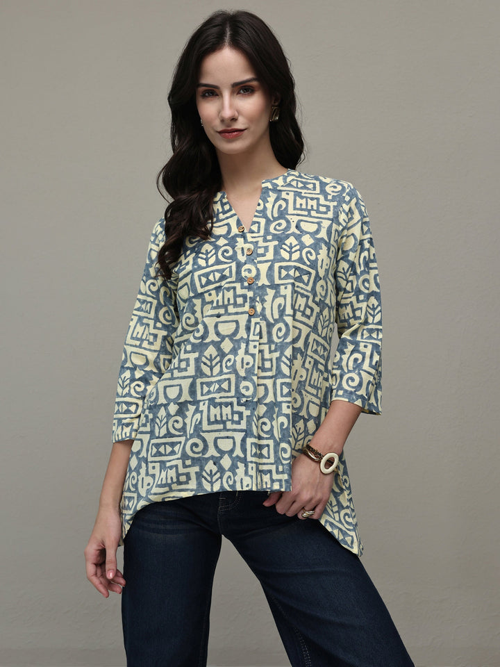 Beige Geometric Printed Cotton A-Line Short Kurti