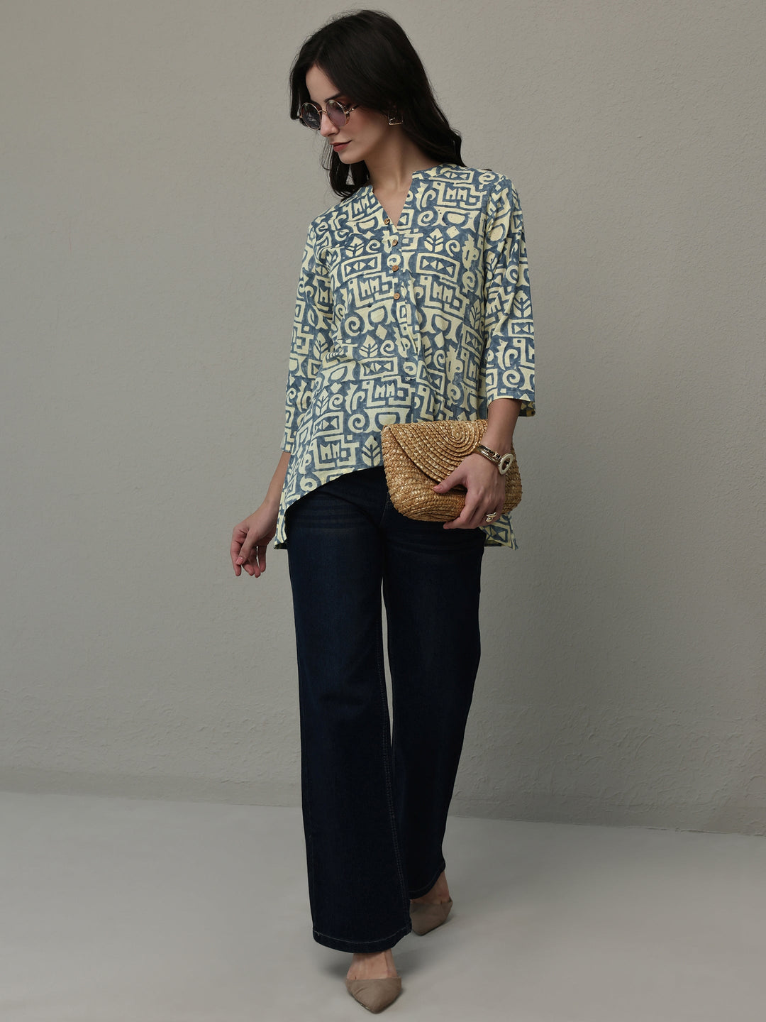 Beige Geometric Printed Cotton A-Line Short Kurti