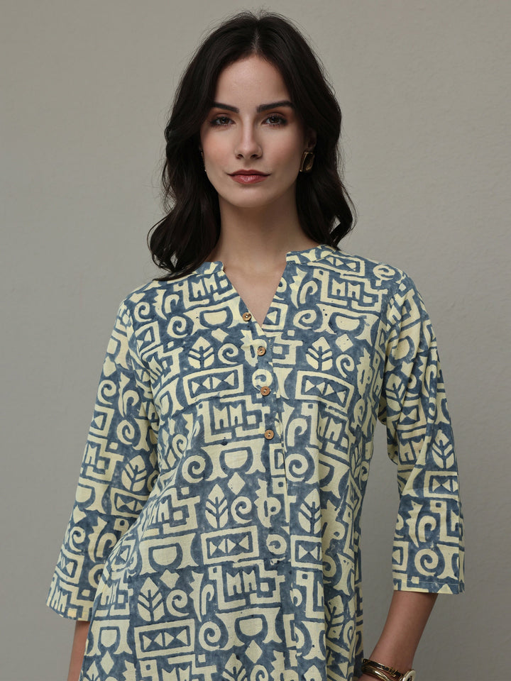 Beige Geometric Printed Cotton A-Line Short Kurti