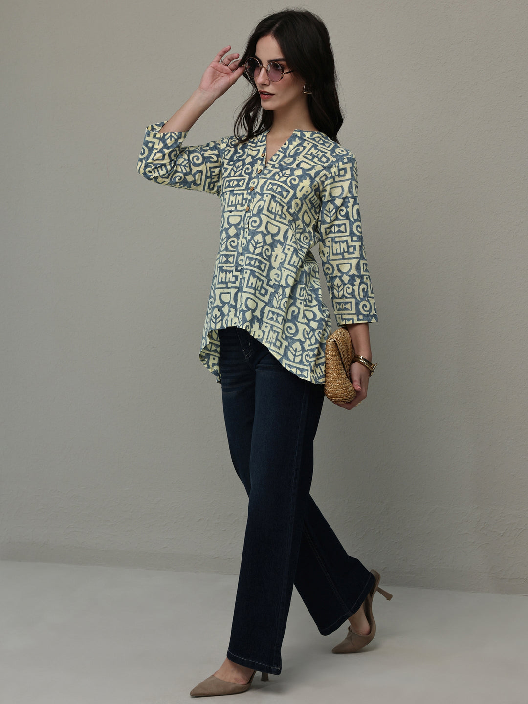 Beige Geometric Printed Cotton A-Line Short Kurti