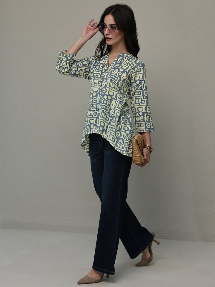 Beige Geometric Printed Cotton A-Line Short Kurti