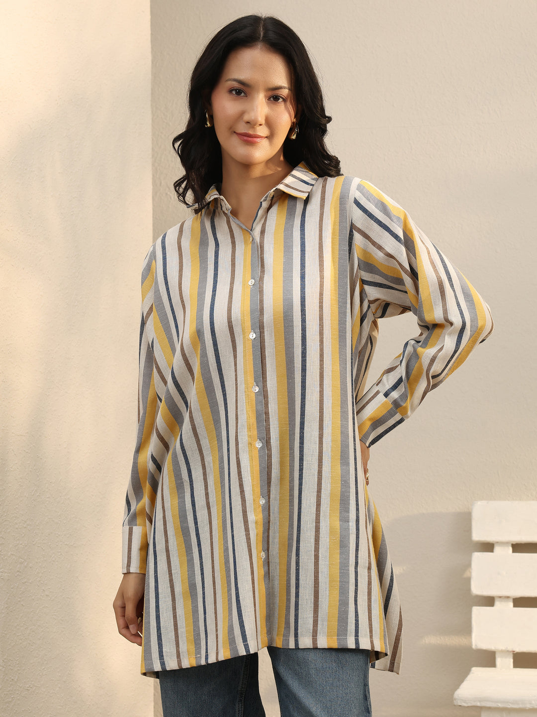 Multi Coloured Striped Printed Cotton Blend Shirt