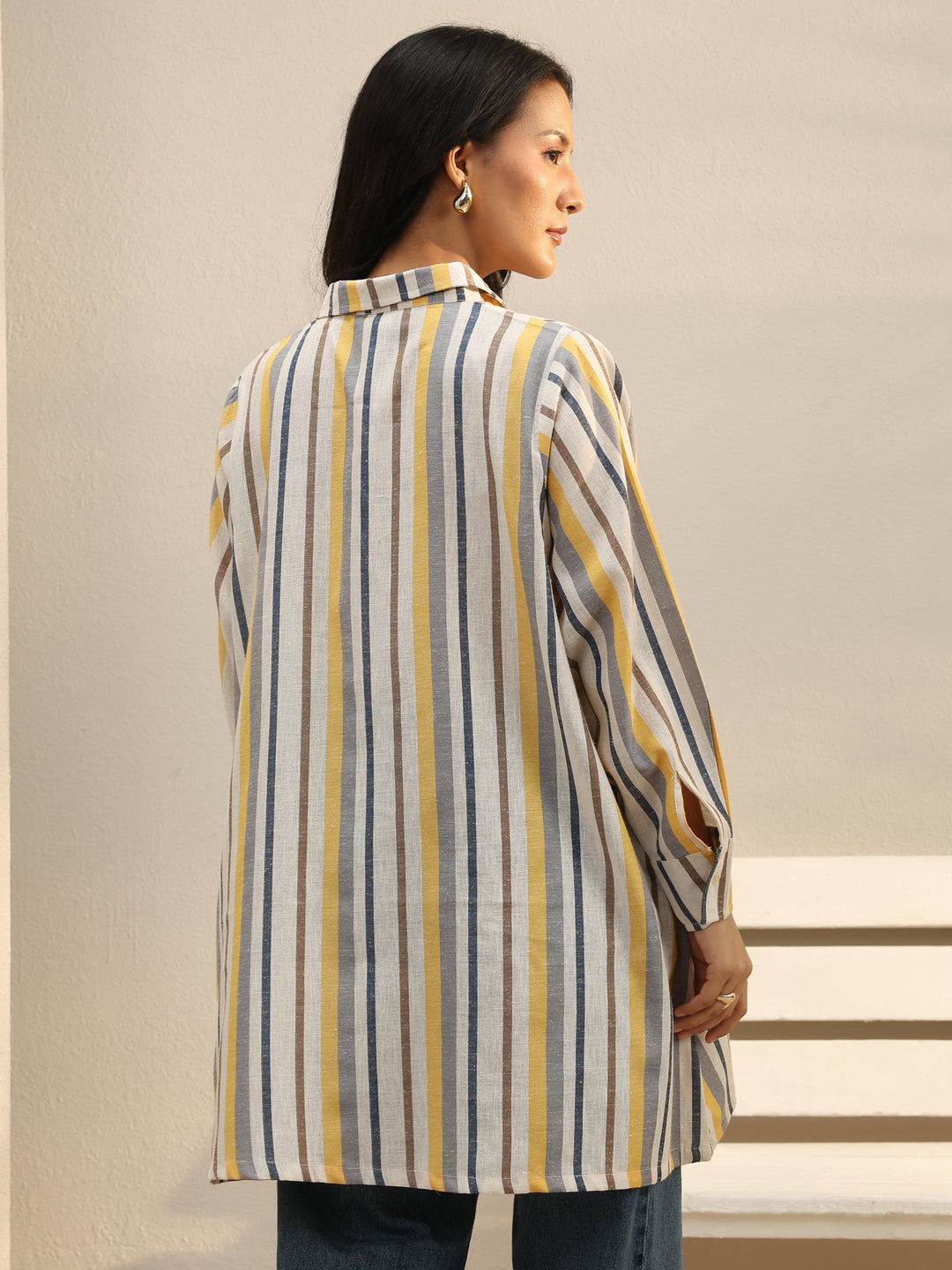 Multi Coloured Striped Printed Cotton Blend Shirt