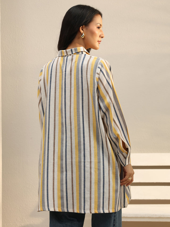 Multi Coloured Striped Printed Cotton Blend Shirt