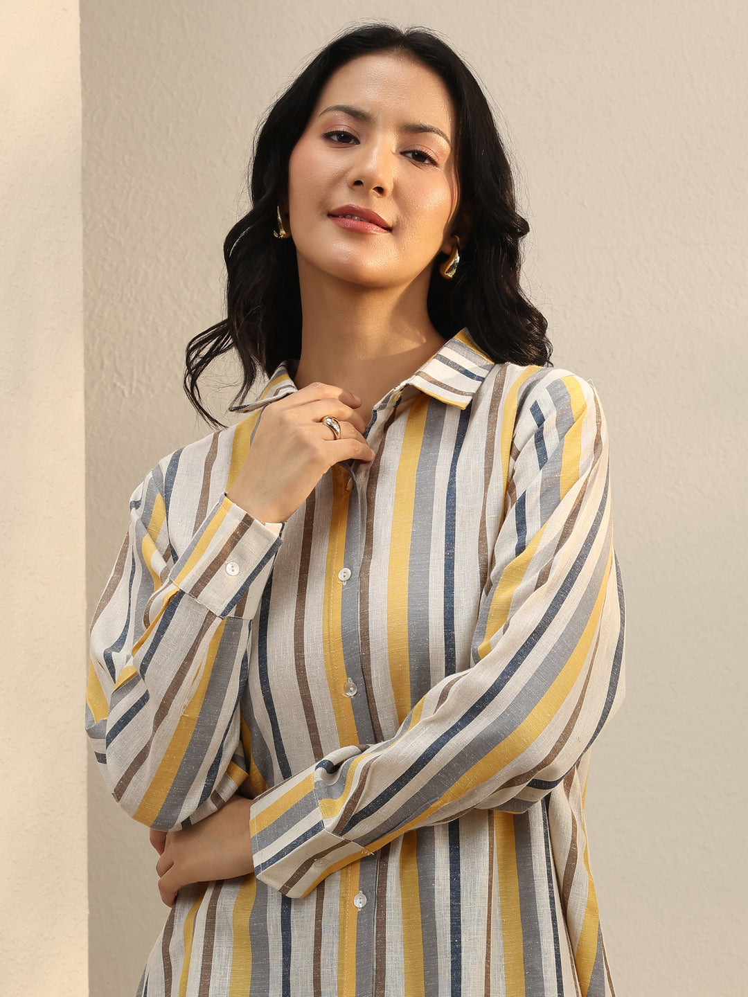 Multi Coloured Striped Printed Cotton Blend Shirt