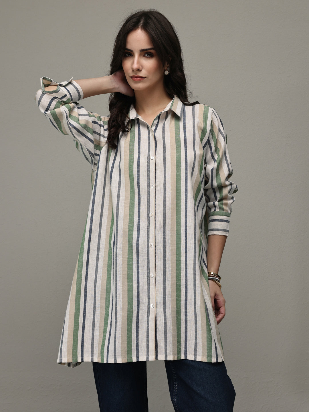 Multi Coloured Striped Printed Cotton Blend Shirt