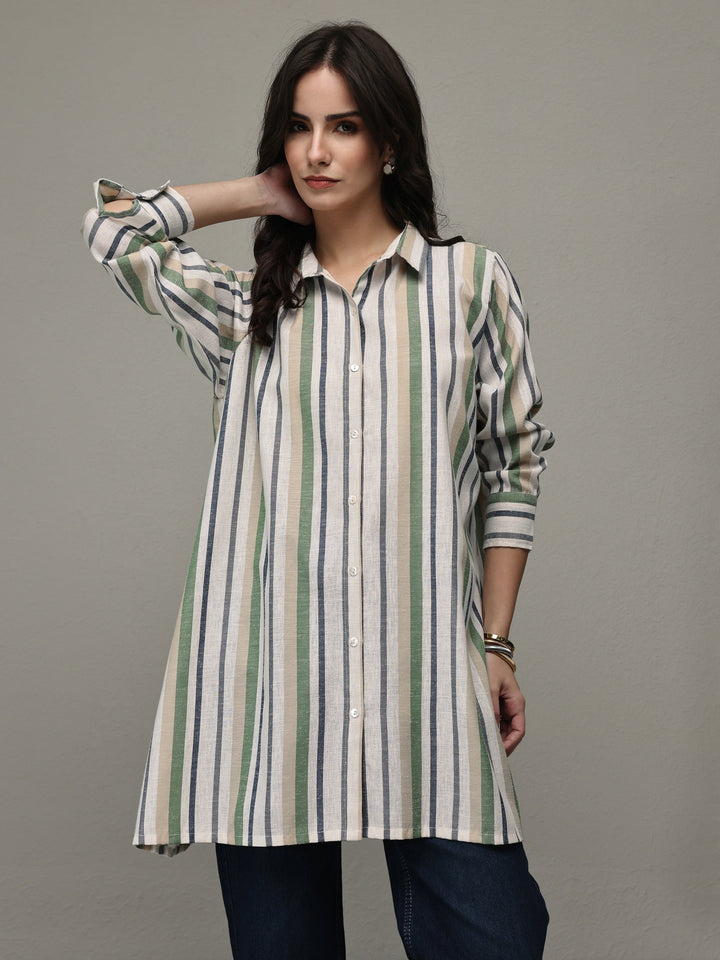 Multi Coloured Striped Printed Cotton Blend Shirt
