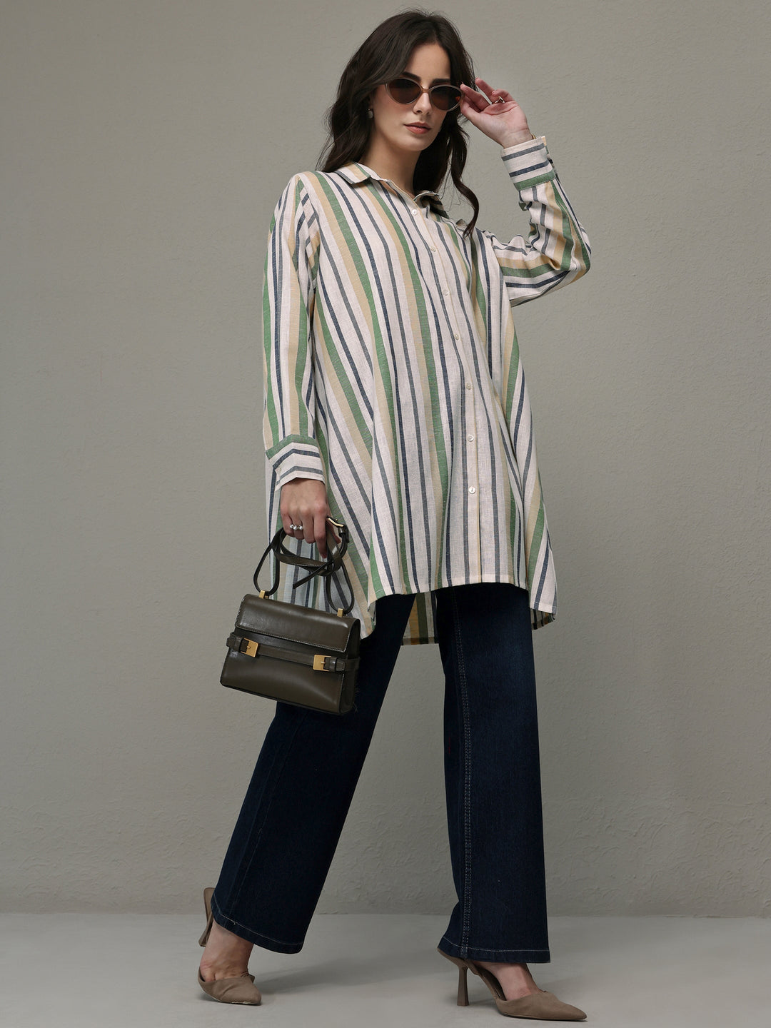 Multi Coloured Striped Printed Cotton Blend Shirt