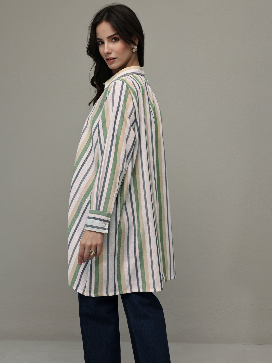 Multi Coloured Striped Printed Cotton Blend Shirt