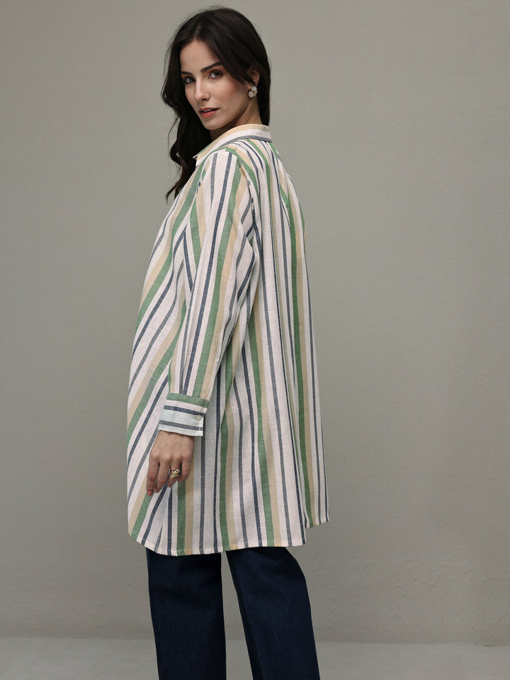 Multi Coloured Striped Printed Cotton Blend Shirt