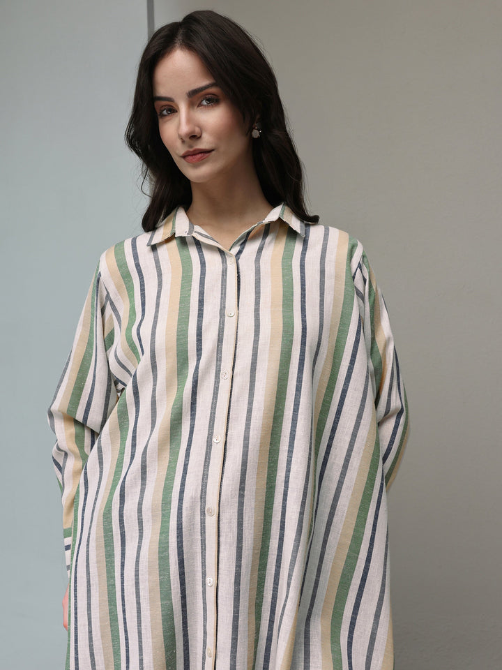 Multi Coloured Striped Printed Cotton Blend Shirt