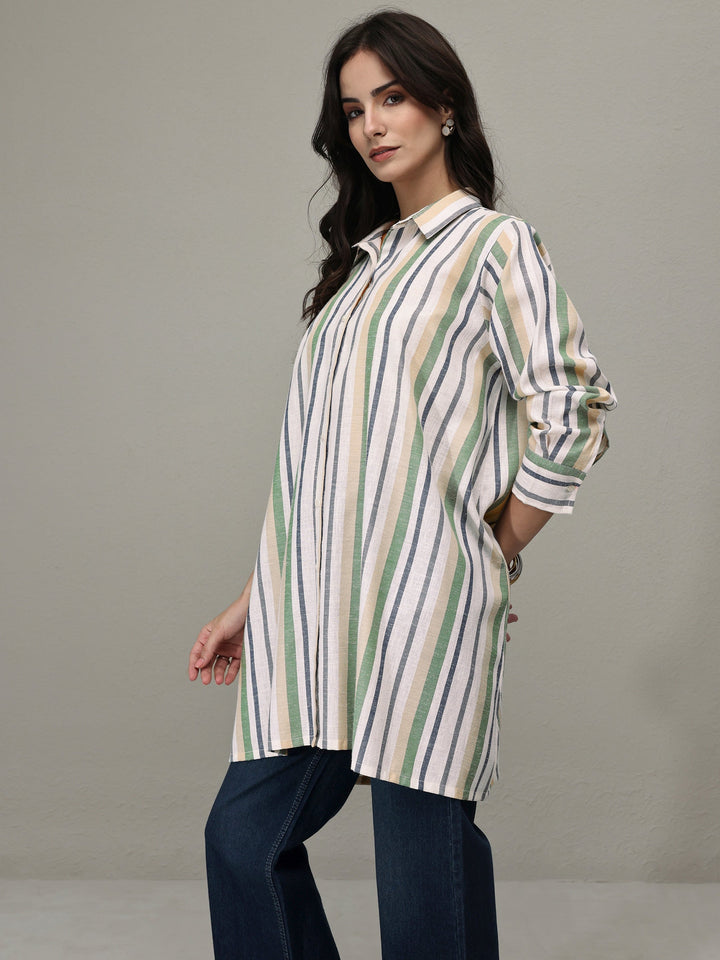Multi Coloured Striped Printed Cotton Blend Shirt