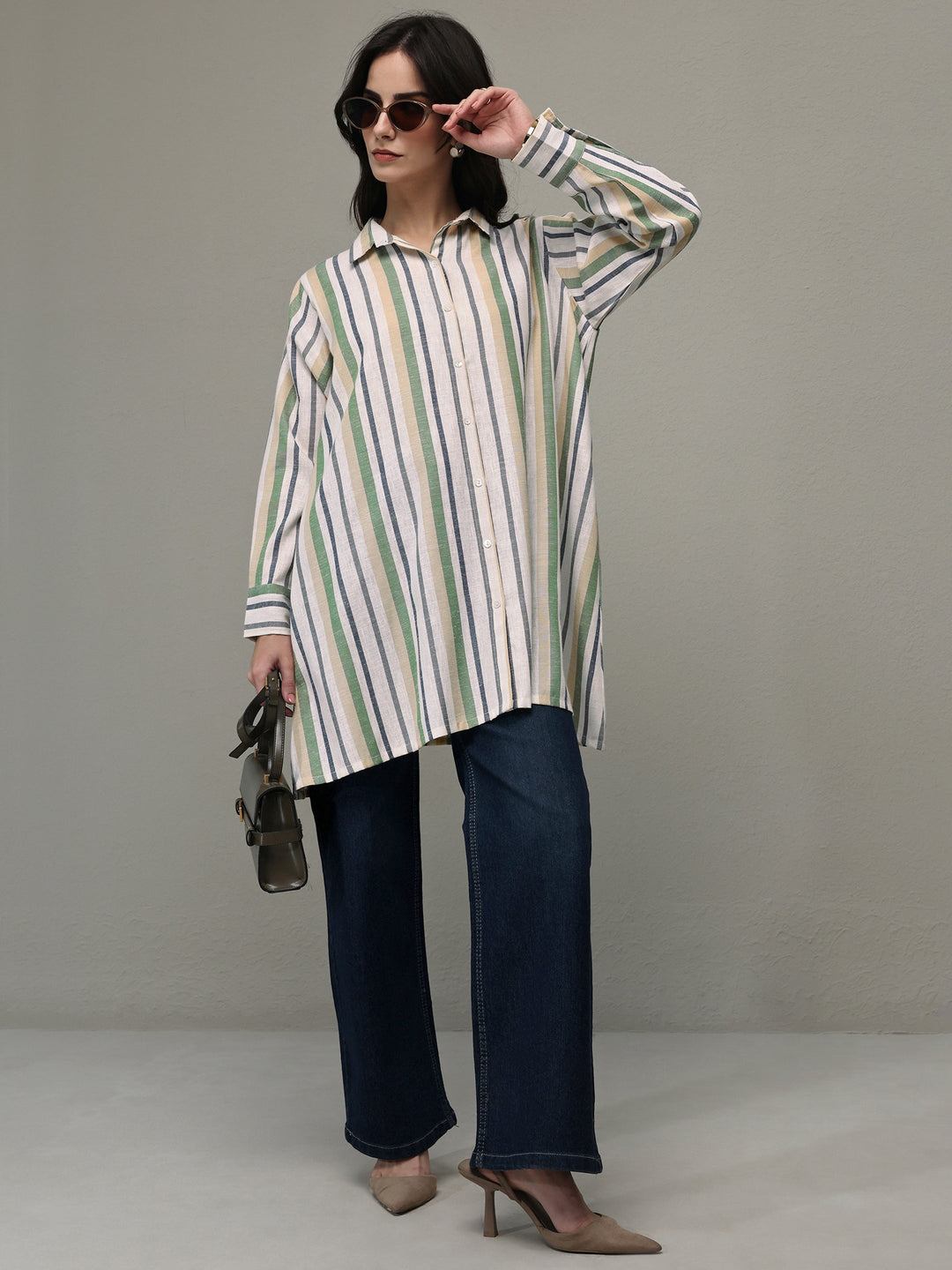 Multi Coloured Striped Printed Cotton Blend Shirt