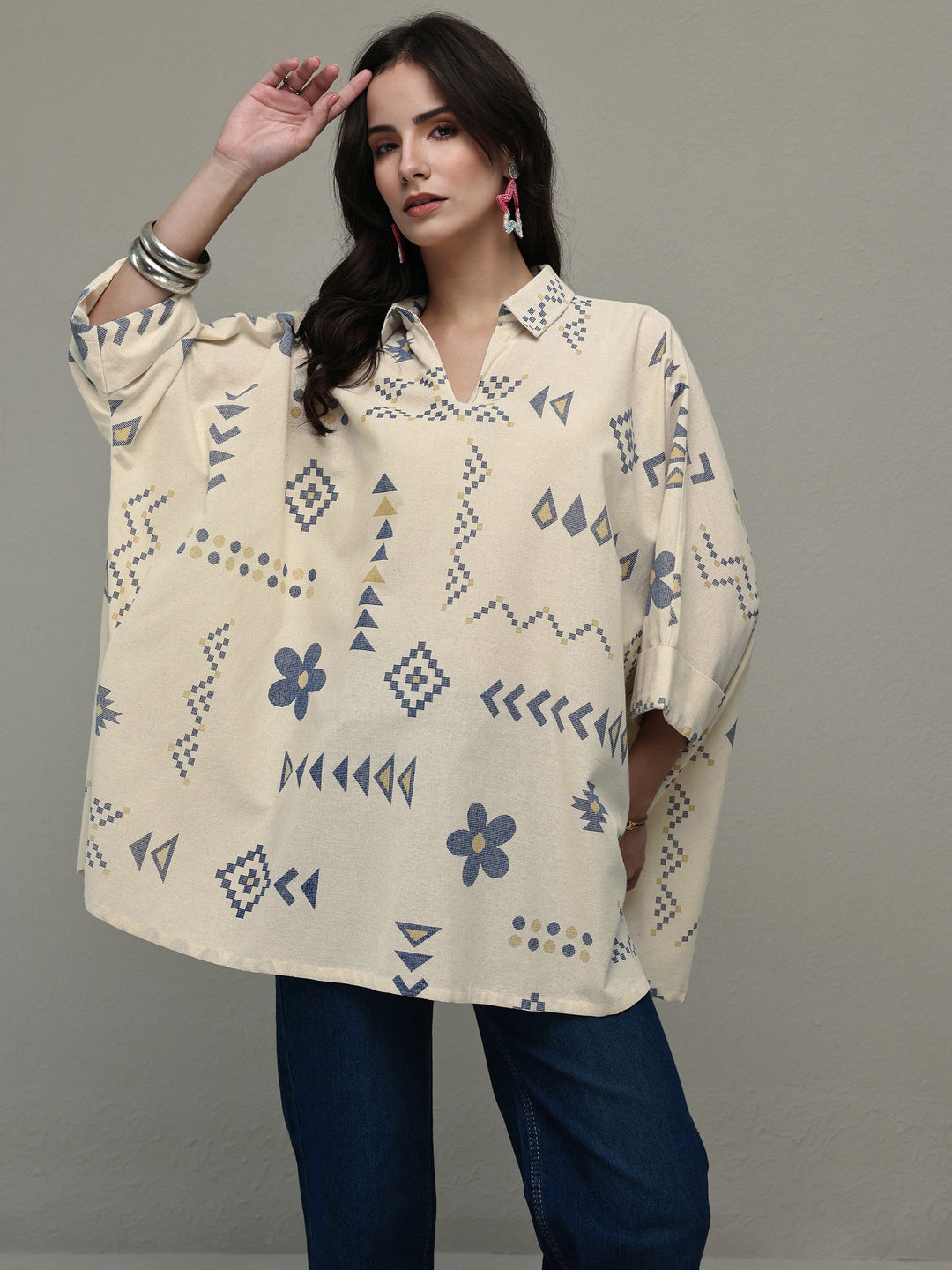 Off White Tribal Printed Cotton A-Line Short Kurti