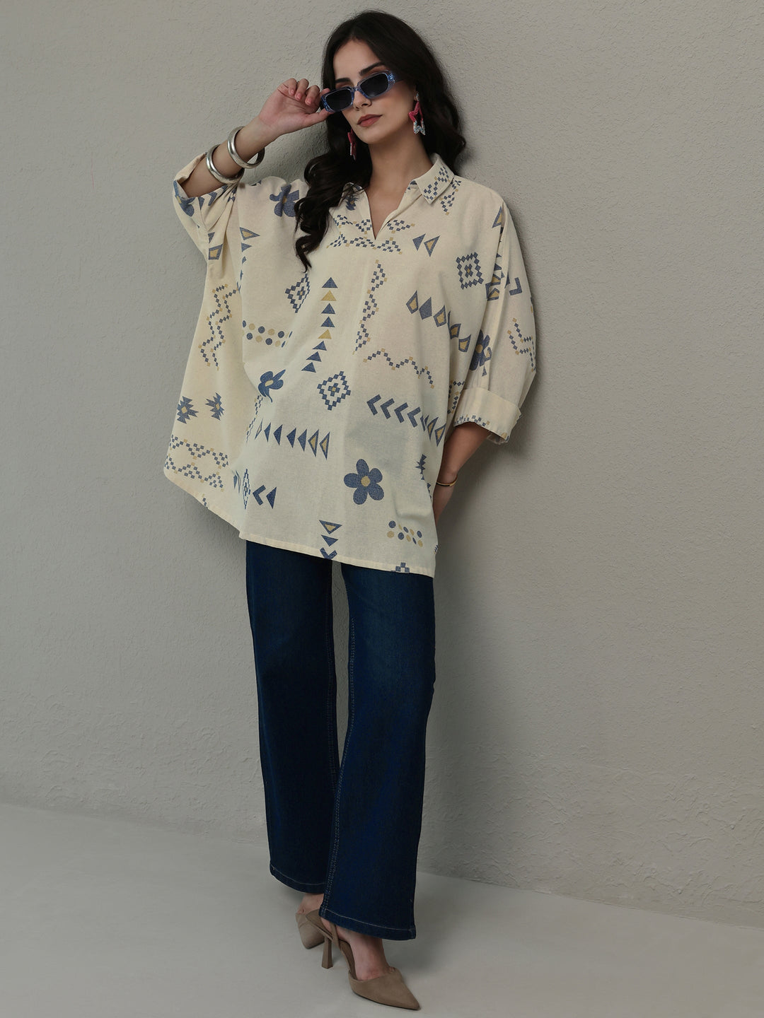Off White Tribal Printed Cotton A-Line Short Kurti