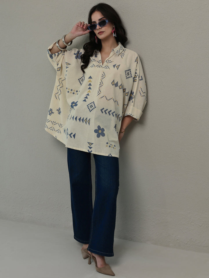 Off White Tribal Printed Cotton A-Line Short Kurti