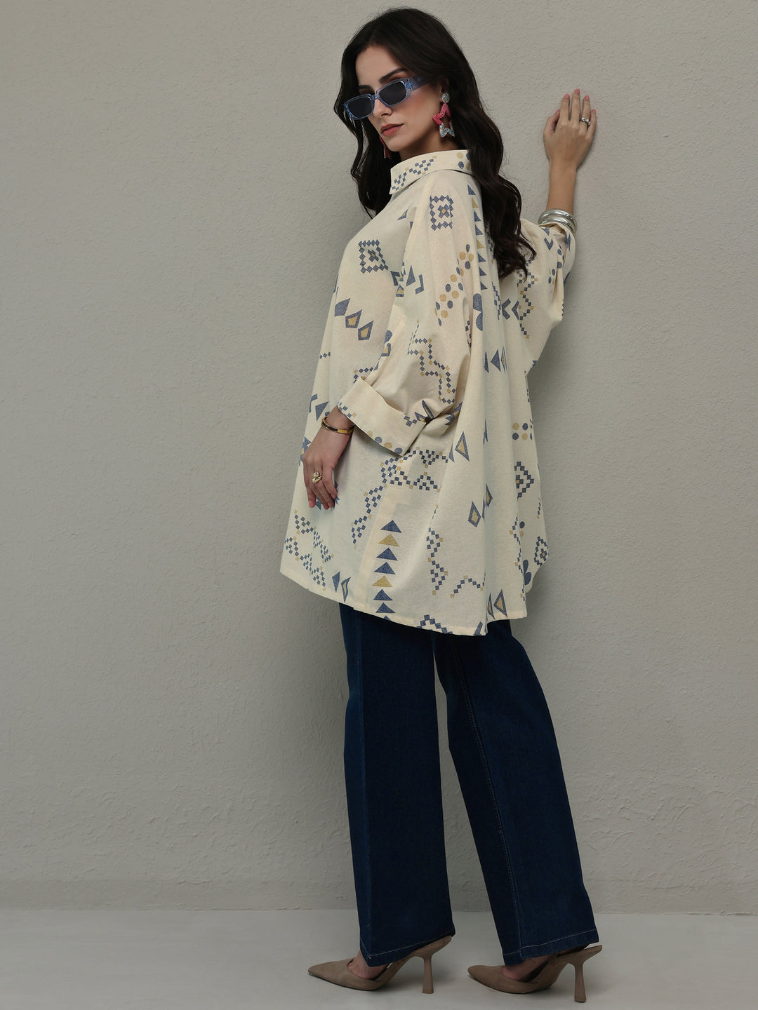 Off White Tribal Printed Cotton A-Line Short Kurti