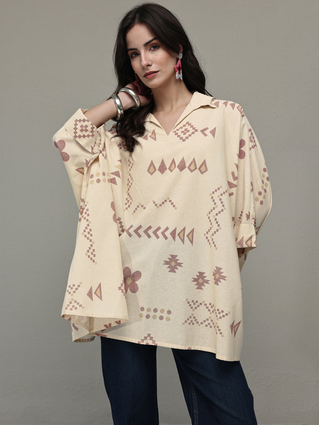 Off White Tribal Printed Cotton A-Line Short Kurti
