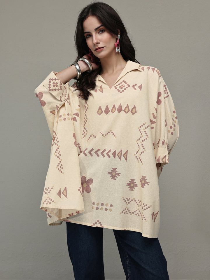 Off White Tribal Printed Cotton A-Line Short Kurti