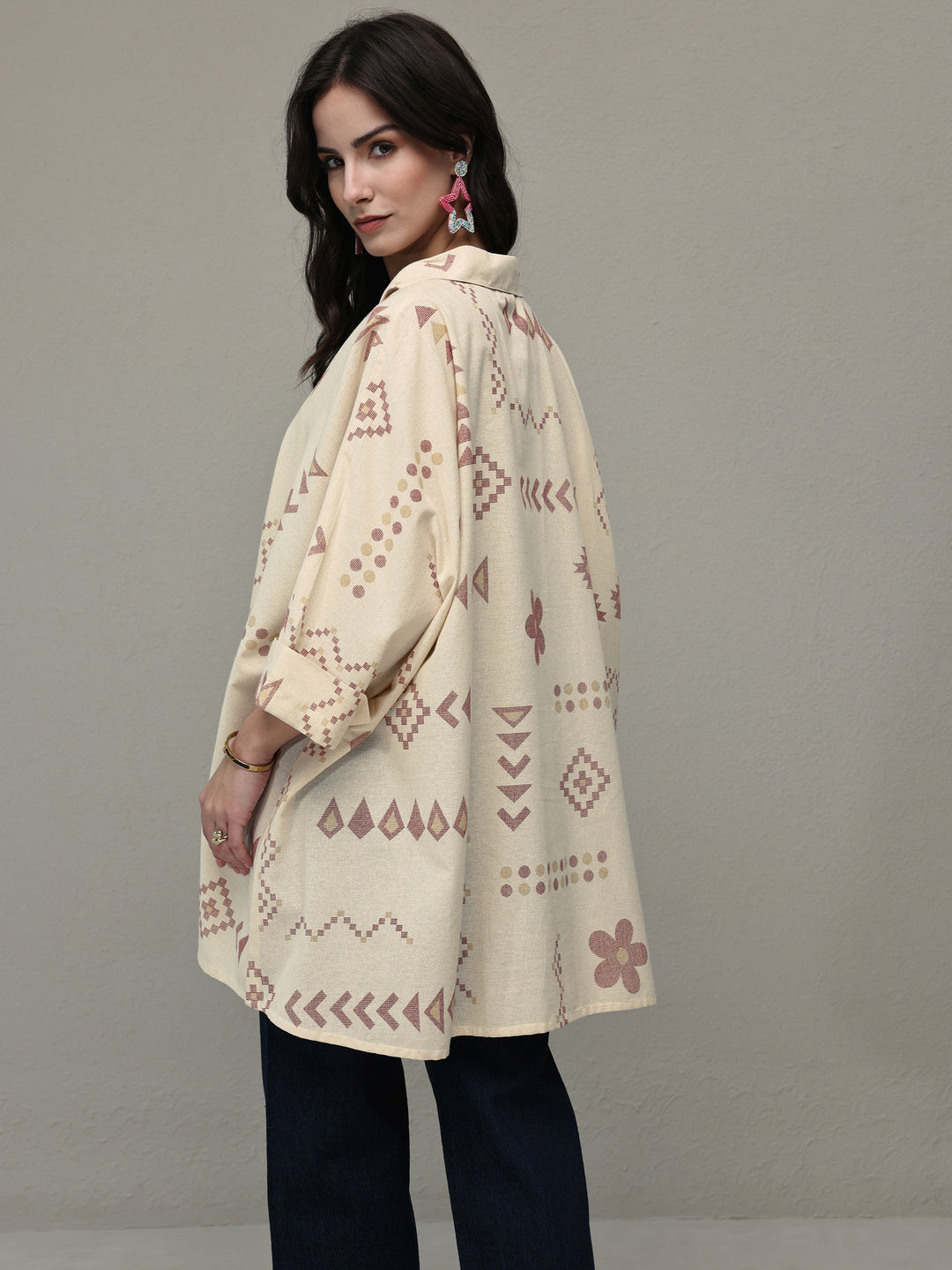 Off White Tribal Printed Cotton A-Line Short Kurti