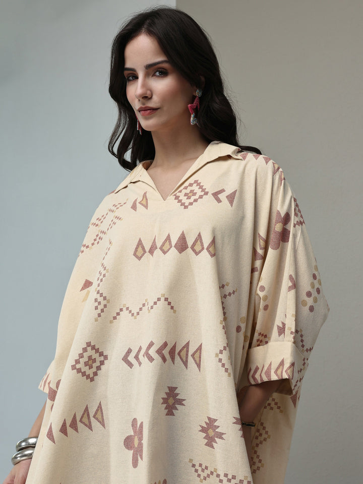 Off White Tribal Printed Cotton A-Line Short Kurti