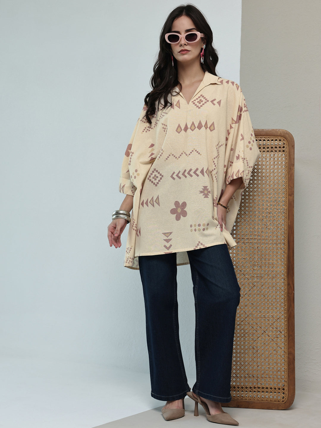 Off White Tribal Printed Cotton A-Line Short Kurti