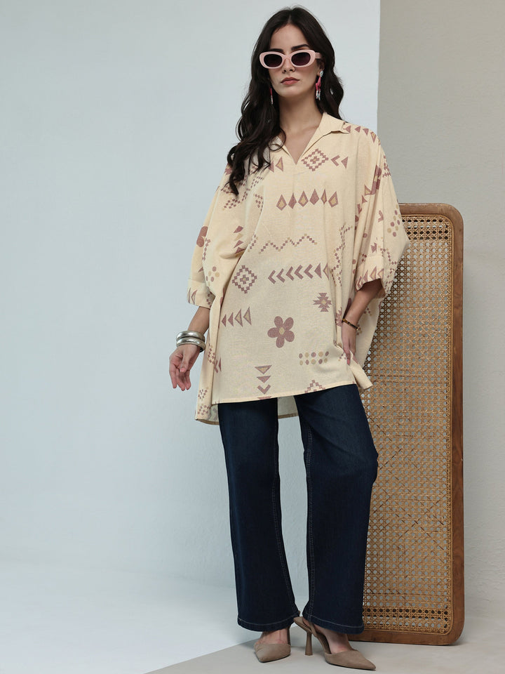 Off White Tribal Printed Cotton A-Line Short Kurti