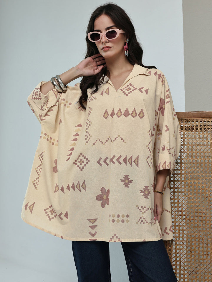 Off White Tribal Printed Cotton A-Line Short Kurti