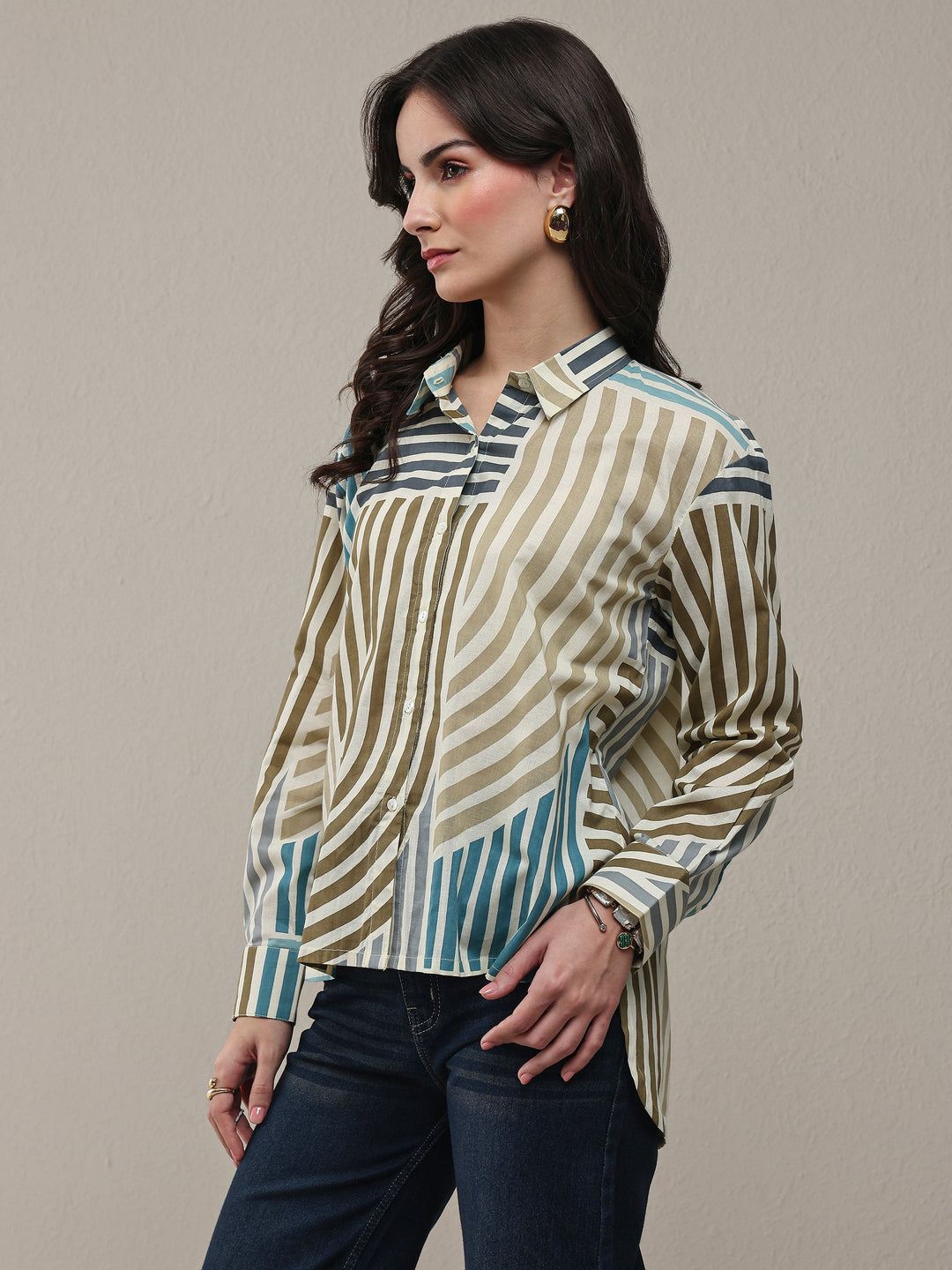 Multi Coloured Striped Printed Cotton Shirt