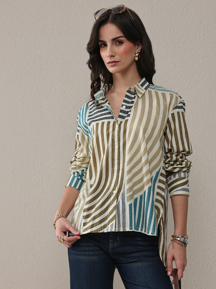 Multi Coloured Striped Printed Cotton Shirt