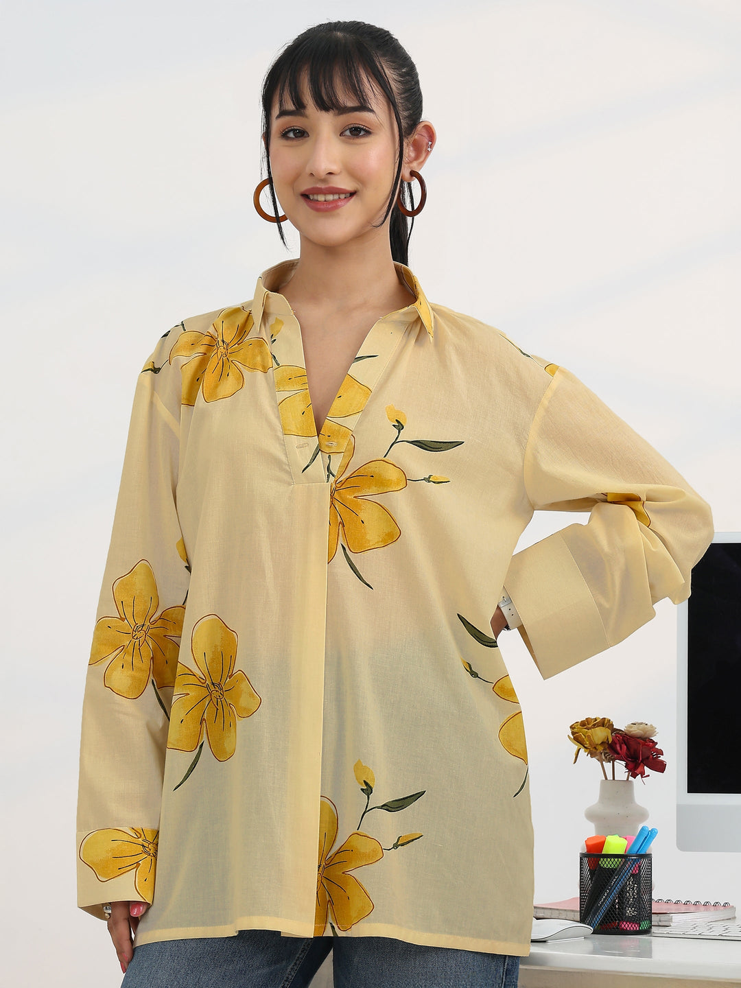Off White Printed Cotton Straight Short Kurti