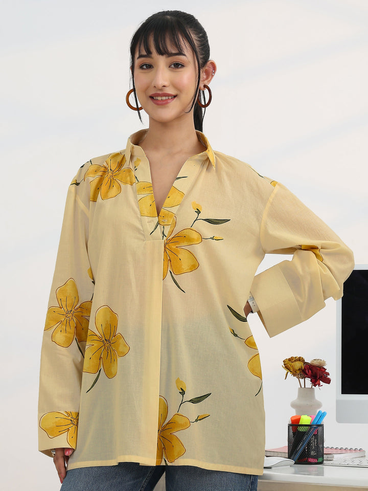 Off White Printed Cotton Straight Short Kurti