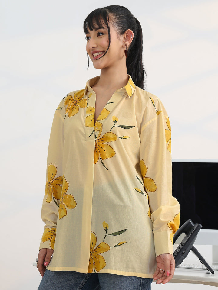 Off White Printed Cotton Straight Short Kurti