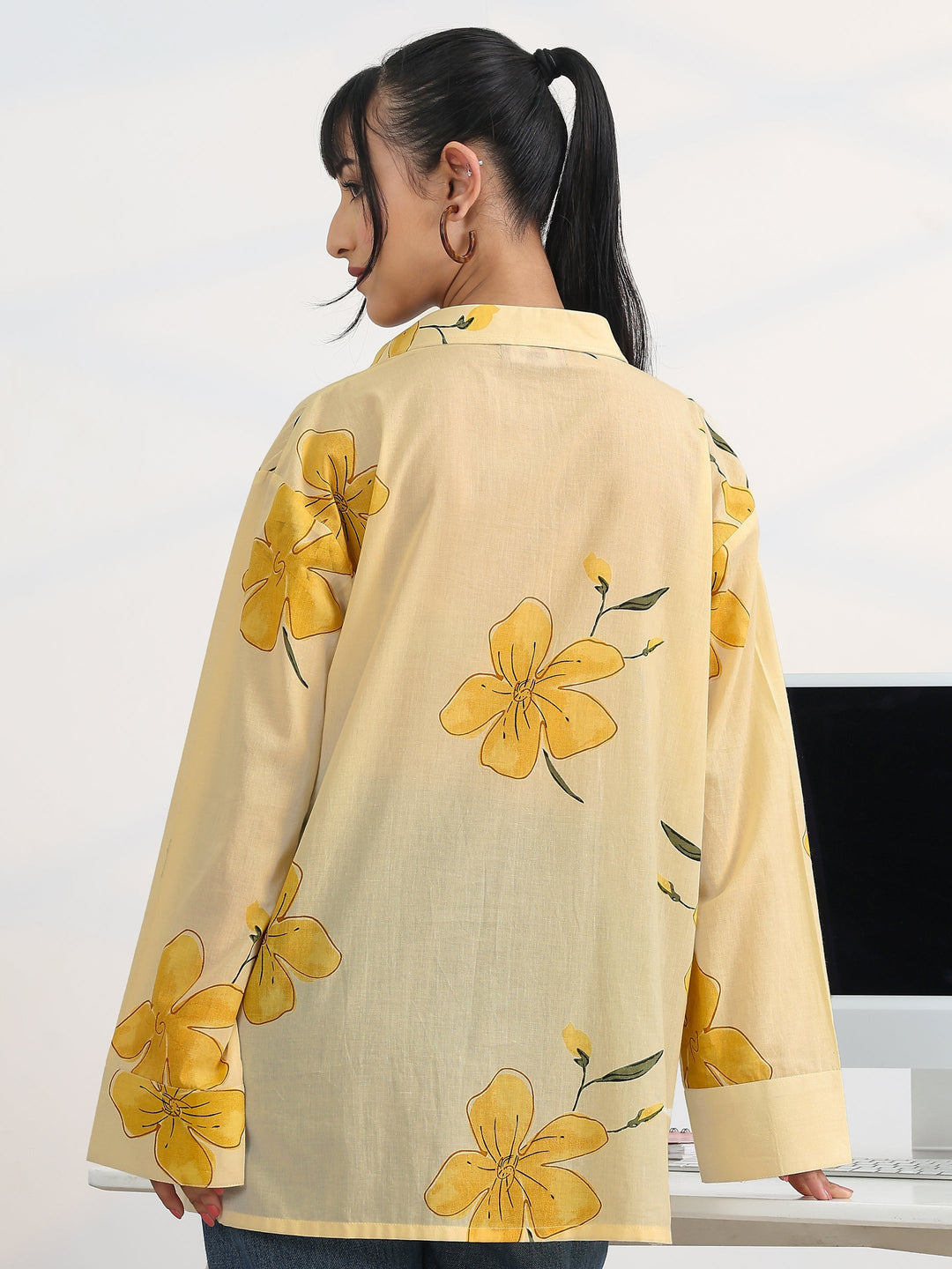 Off White Printed Cotton Straight Short Kurti