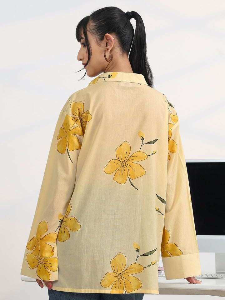 Off White Printed Cotton Straight Short Kurti