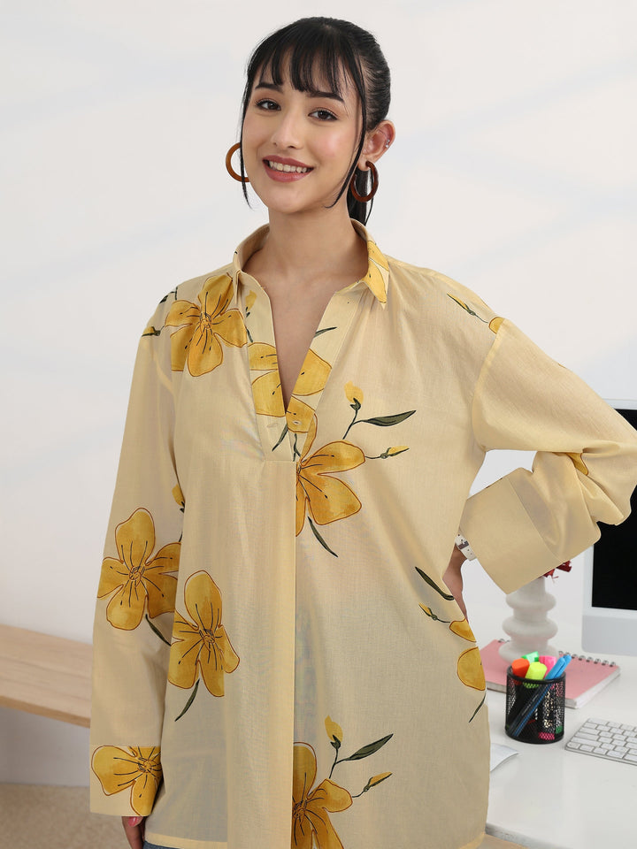 Off White Printed Cotton Straight Short Kurti